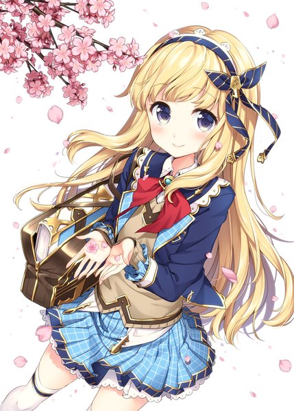 Anime picture 800x1119 with granblue fantasy cagliostro (granblue fantasy) masuishi kinoto single long hair tall image looking at viewer blush blue eyes blonde hair smile girl thighhighs skirt uniform flower (flowers) school uniform petals white thighhighs hairband