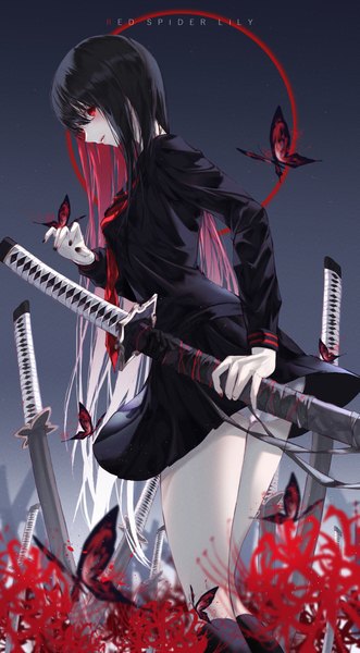 Anime picture 1077x1950 with original neon (pixiv 31150749) single long hair tall image looking at viewer blush fringe open mouth light erotic black hair simple background hair between eyes red eyes standing holding payot red hair long sleeves nail polish