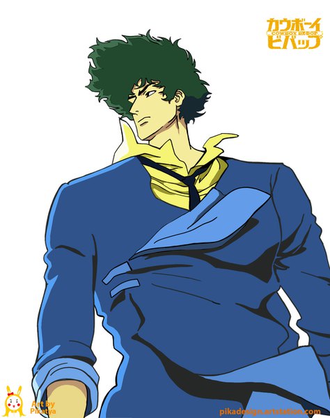 Anime picture 1028x1300 with cowboy bebop sunrise (studio) spike spiegel pikatya single tall image short hair simple background standing white background signed looking away green hair black eyes from below copyright name boy necktie