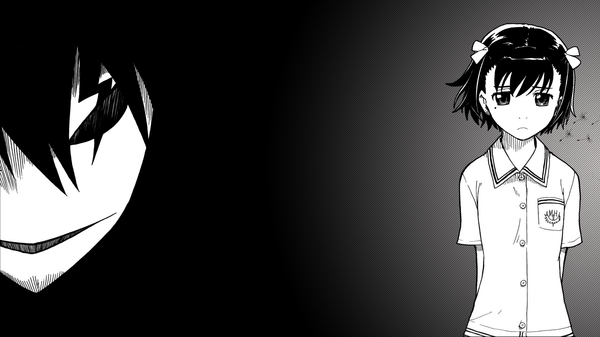 イラスト 1920x1080 と 黒の契約者 ボンズ 黒(黒の契約者) highres 短い髪 黒髪 wide image 立つ black eyes monochrome 女の子 男性 ボタン (服飾) chemise