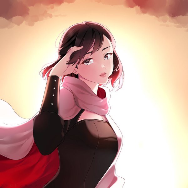 Anime picture 2300x2300 with rwby rooster teeth summer rose sunnypoppy single looking at viewer blush fringe highres short hair breasts black hair standing signed cloud (clouds) upper body red hair long sleeves head tilt multicolored hair