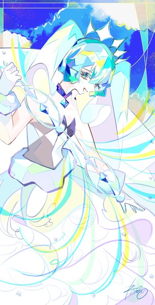 Anime picture 2365x4657 with vocaloid project voltage hatsune miku rock miku (project voltage) watahoshi single long hair tall image looking at viewer fringe highres open mouth hair between eyes twintails aqua eyes aqua hair girl dress gloves white gloves
