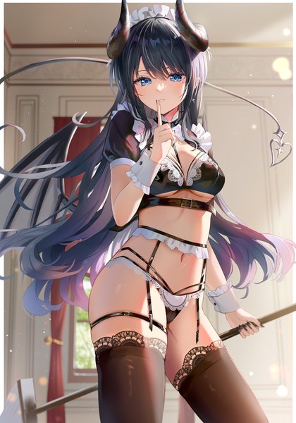 Anime picture 2455x3507 with original omelet tomato single long hair tall image looking at viewer fringe highres breasts blue eyes light erotic black hair hair between eyes large breasts standing holding indoors tail nail polish horn (horns)