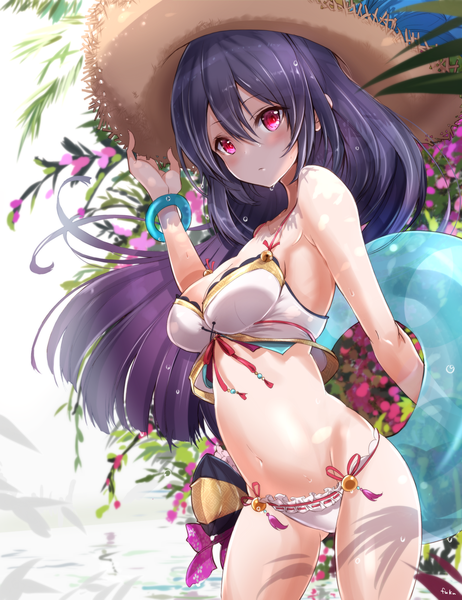 Anime picture 1542x2000 with shironeko project kasumi (shironeko project) fuku kitsune (fuku fox) single long hair tall image looking at viewer blush fringe breasts light erotic simple background hair between eyes red eyes large breasts white background bare shoulders signed cleavage purple hair