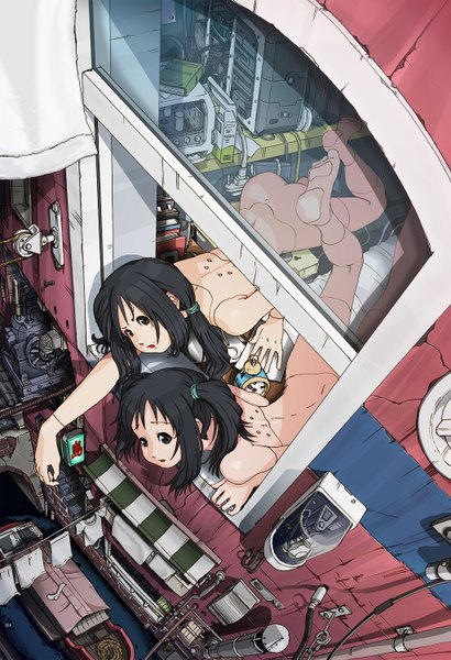 Anime picture 1024x1498 with original sukabu long hair tall image light erotic black hair twintails multiple girls brown eyes lying no bra no shoes no panties short twintails river street girl 2 girls window clock