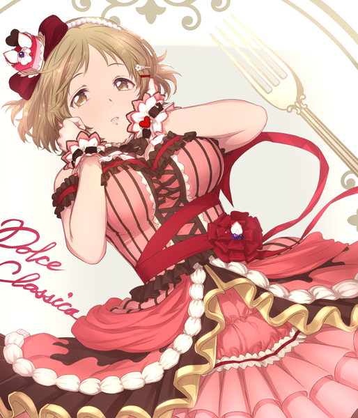 Anime picture 1200x1400 with idolmaster idolmaster cinderella girls mimura kanako egawa satsuki single tall image looking at viewer short hair brown hair brown eyes from below hands on face dolce classica girl dress hair ornament pink dress fork
