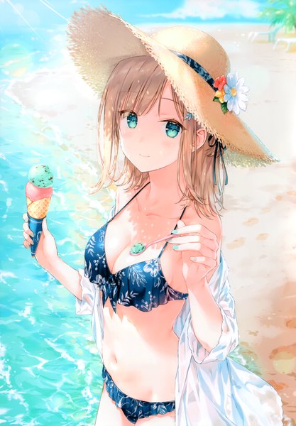 Anime picture 2406x3464 with original hashimoto sana hiten (hitenkei) single long hair tall image looking at viewer blush fringe highres breasts blue eyes blonde hair smile large breasts standing holding sky cleavage cloud (clouds)