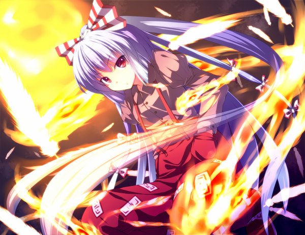 Anime picture 1296x1000 with touhou fujiwara no mokou ryosios single long hair red eyes purple hair half updo hand in pocket girl bow hair bow feather (feathers) fire