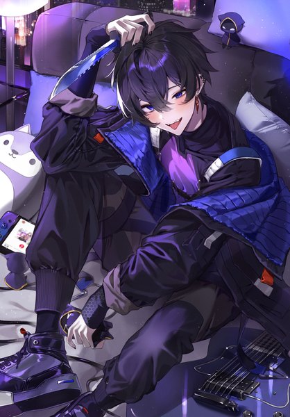 Anime picture 3000x4302 with virtual youtuber indie virtual youtuber shoto (vtuber) eumi 114 single tall image blush fringe highres short hair black hair hair between eyes sitting purple eyes indoors from above piercing ear piercing boy tongue