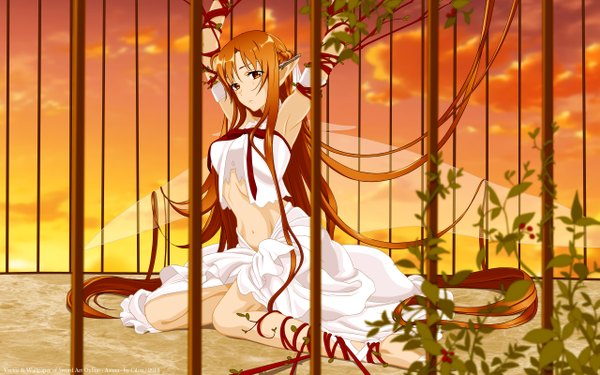 Anime picture 2560x1600 with sword art online a-1 pictures yuuki asuna titania (alo) cilou (artist) single long hair highres brown hair wide image brown eyes pointy ears armpit (armpits) midriff evening sunset girl dress navel ribbon (ribbons)