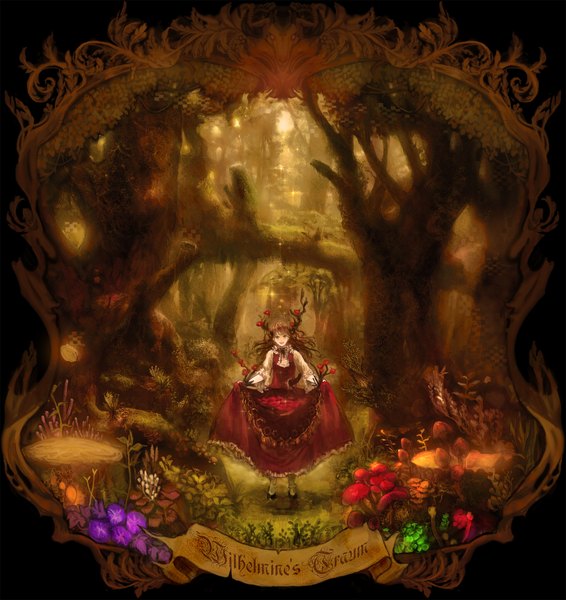 Anime picture 2125x2250 with chibi (shimon) single long hair tall image highres open mouth smile brown hair purple eyes horn (horns) framed girl dress flower (flowers) plant (plants) tree (trees) forest mushroom (mushrooms) stump