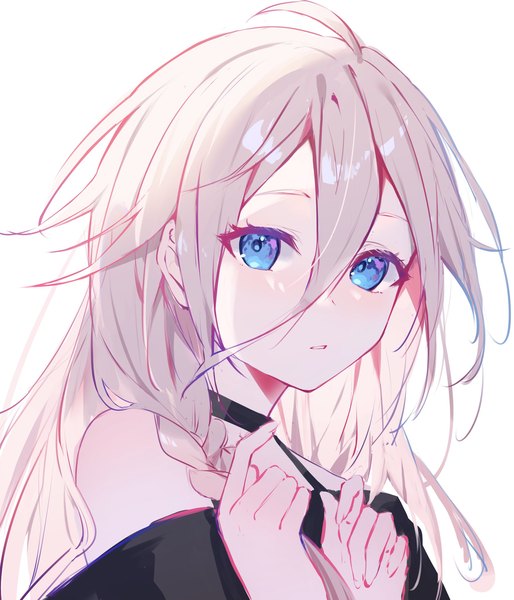 Anime picture 1755x2048 with vocaloid ia (vocaloid) murumuru (pixiv51689952) single long hair tall image looking at viewer fringe highres blue eyes simple background blonde hair hair between eyes white background upper body ahoge girl choker