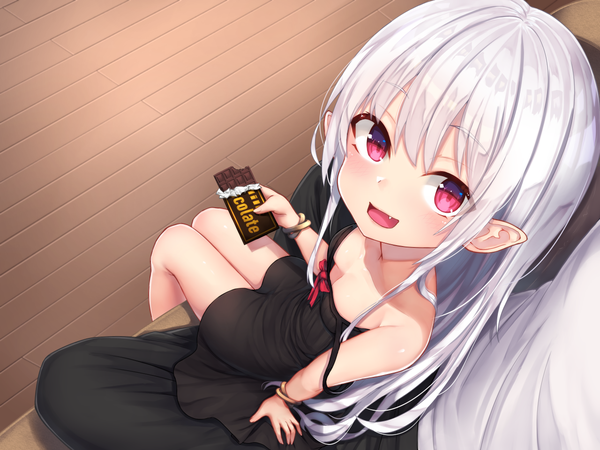 Anime picture 1280x960 with original wowoguni long hair blush fringe breasts open mouth light erotic smile red eyes sitting holding payot cleavage white hair indoors blunt bangs :d looking back from above