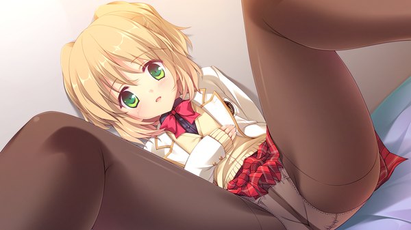 Anime picture 1280x720 with melty moment amane natsuki single blush short hair open mouth light erotic blonde hair wide image green eyes game cg pantyshot girl skirt uniform underwear panties school uniform pantyhose