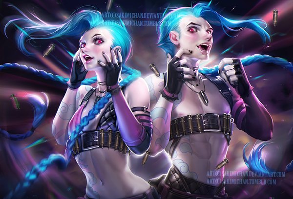 Anime picture 1000x680 with league of legends jinx (league of legends) sakimichan looking at viewer blush red eyes bare shoulders signed blue hair cloud (clouds) nipples braid (braids) very long hair nail polish lips realistic teeth bare belly midriff tattoo