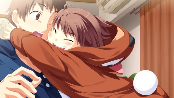 Anime picture 1024x576 with suigetsu 2 short hair open mouth smile brown hair wide image brown eyes game cg eyes closed girl boy child (children) pajamas