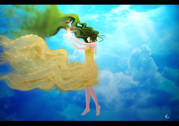 Anime picture 1929x1364 with vocaloid hatsune miku kirigo (artist) single long hair highres blue eyes twintails bare shoulders sky cloud (clouds) profile barefoot green hair wind girl dress