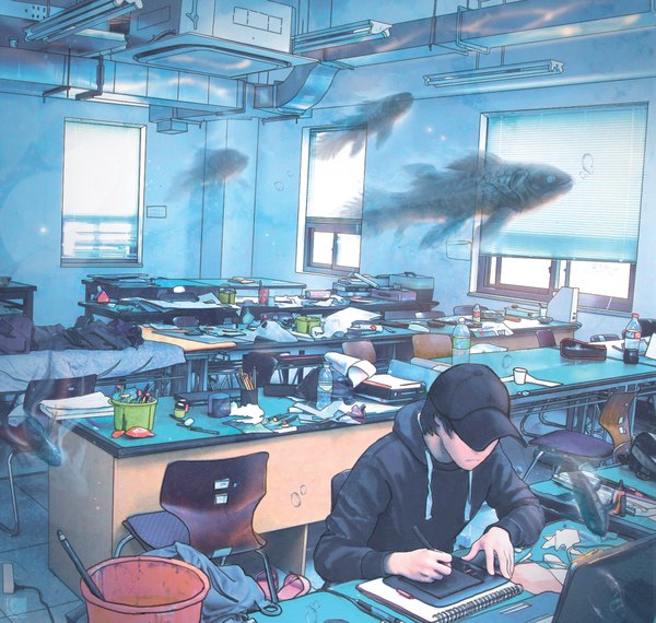 Anime picture 1000x950 with original carv single short hair black hair sitting indoors from above ghost hat over eyes boy animal window hood chair bubble (bubbles) fish (fishes) hoodie bottle paper