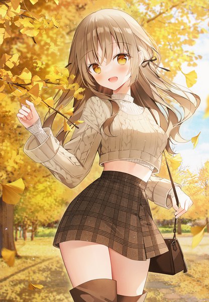 Anime picture 2891x4169 with original weri single long hair tall image looking at viewer blush fringe highres breasts open mouth smile hair between eyes brown hair standing yellow eyes payot outdoors long sleeves :d