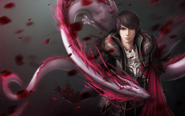 Anime picture 1920x1206 with unodu single looking at viewer highres short hair black hair red eyes lips fantasy boy petals dragon clothes