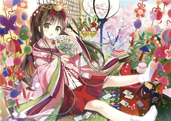 Anime picture 3000x2131 with original eshi 100-nin ten nagayama yuunon single long hair looking at viewer blush fringe highres open mouth brown hair sitting holding brown eyes traditional clothes head tilt japanese clothes scan loli cherry blossoms