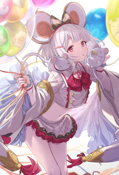 Anime picture 819x1200 with granblue fantasy vikala (granblue fantasy) feb itk single tall image short hair red eyes animal ears silver hair pleated skirt wide sleeves midriff fake animal ears mouse ears girl skirt miniskirt animal balloon mouse