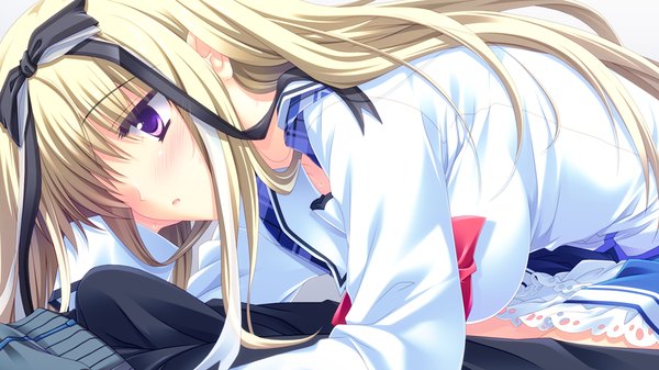 Anime picture 1024x576 with strawberry nauts suzunae houmi long hair blush light erotic blonde hair wide image purple eyes game cg girl uniform bow ribbon (ribbons) hair ribbon school uniform