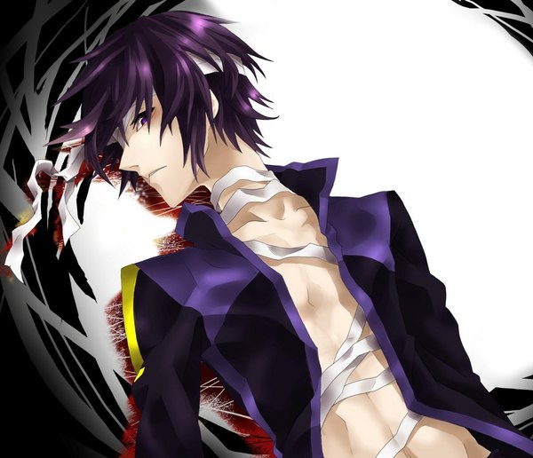 Anime picture 1000x861 with vocaloid taito (vocaloid) kyo zip single short hair open mouth simple background purple eyes purple hair open clothes open shirt bandage over one eye boy blood bandage (bandages)