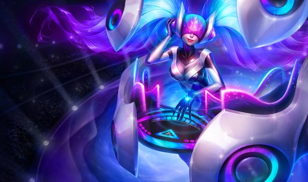 Anime picture 1920x1140 with league of legends sona buvelle michelle hoefener single long hair highres breasts smile wide image twintails signed blue hair purple hair multicolored hair lips realistic lipstick gradient hair red lipstick dj