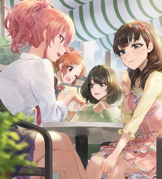 Anime picture 1500x1662 with idolmaster idolmaster cinderella girls takagaki kaede jougasaki mika sakuma mayu abe nana modare long hair tall image blush fringe short hair open mouth blue eyes smile hair between eyes brown hair sitting bare shoulders multiple girls