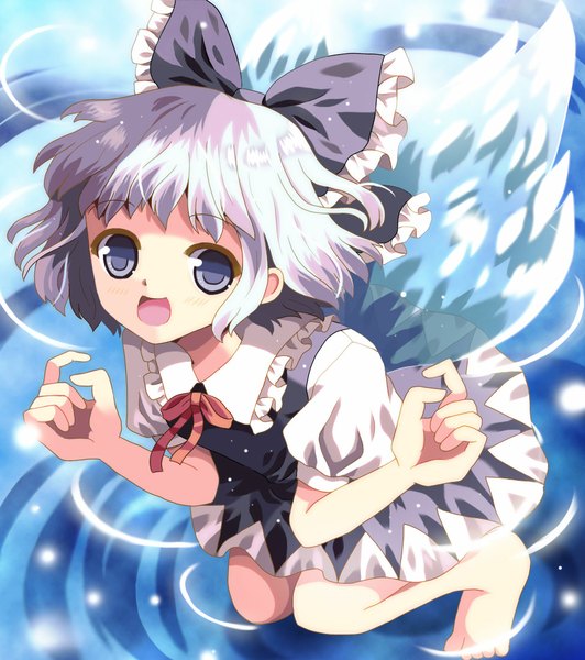 Anime picture 975x1100 with touhou cirno hazakura satsuki single tall image looking at viewer blush short hair open mouth blue eyes purple hair barefoot from above girl dress bow hair bow wings