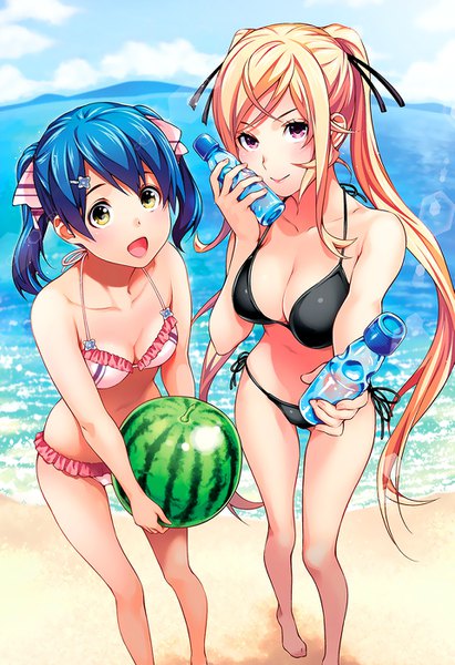 Anime picture 959x1400 with shokugeki no soma j.c. staff nakiri erina tadokoro megumi saeki shun tall image looking at viewer blush fringe short hair breasts open mouth light erotic blonde hair smile large breasts standing twintails bare shoulders multiple girls