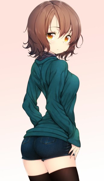 Anime picture 662x1150 with original zizi (zz22) single tall image looking at viewer short hair simple background brown hair white background yellow eyes girl thighhighs black thighhighs shorts sweater