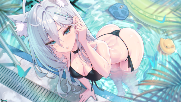 Anime picture 3000x1688 with blue archive shiroko (blue archive) shiroko terror (blue archive) choney single long hair looking at viewer blush fringe highres breasts light erotic hair between eyes wide image large breasts standing animal ears silver hair ahoge ass