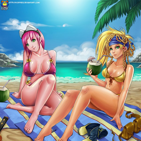Anime picture 1000x1000 with final fantasy final fantasy x square enix rikku kyoffie12 long hair looking at viewer short hair breasts light erotic blonde hair large breasts multiple girls green eyes pink hair light smile erect nipples legs beach covered nipples