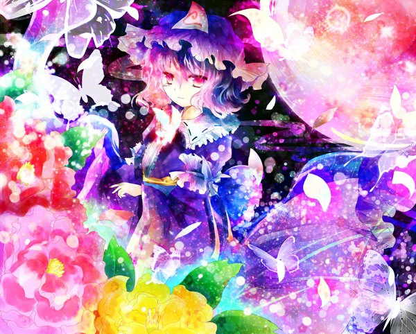 Anime picture 1053x847 with touhou saigyouji yuyuko kazu (muchuukai) short hair pink hair pink eyes wind multicolored girl dress flower (flowers) petals insect butterfly bonnet
