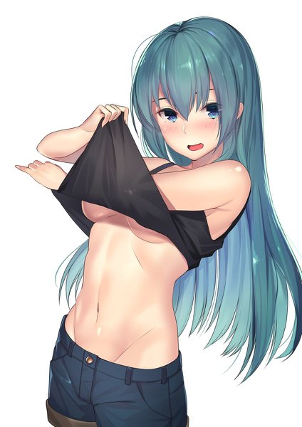 Anime picture 848x1200 with original kagematsuri single long hair tall image looking at viewer blush fringe breasts open mouth blue eyes light erotic simple background hair between eyes white background aqua hair no bra bare belly groin undressing