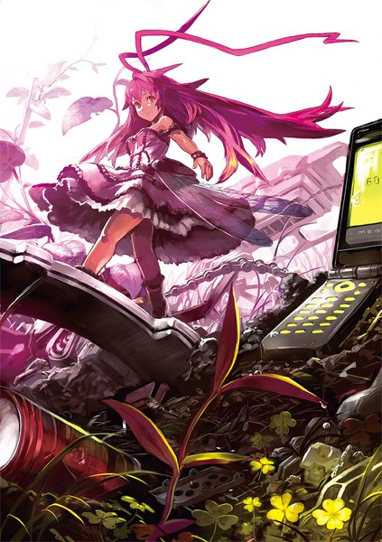 Anime picture 808x1145 with original damin (won) single long hair tall image looking at viewer pink hair ahoge pink eyes insect wings mechanical parts girl dress plant (plants) wings frills bracelet chain mobile phone phone