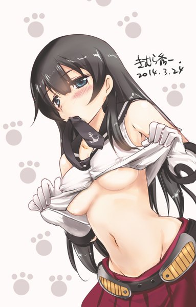 Anime picture 800x1253 with kantai collection agano light cruiser kimura chiruno single long hair tall image looking at viewer blush breasts blue eyes light erotic black hair simple background white background holding signed midriff mouth hold girl skirt