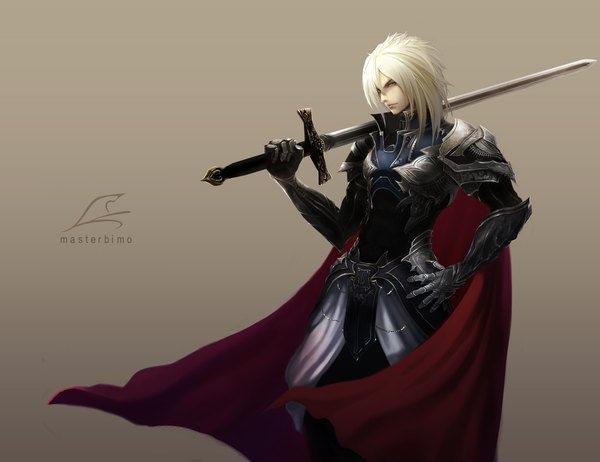 Anime picture 2140x1649 with original tachikawa mushimaro (bimo) single highres blue eyes simple background white hair realistic grey background hand on hip knight boy gloves weapon sword armor cloak