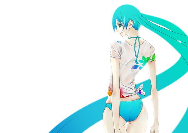 Anime picture 3541x2508 with vocaloid hatsune miku tatsuya (1223496) single highres light erotic simple background smile standing twintails absurdres very long hair profile looking back aqua eyes aqua hair girl flower (flowers) swimsuit bikini
