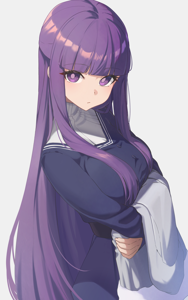 Anime picture 1667x2656 with sousou no frieren fern (sousou no frieren) reulem single long hair tall image looking at viewer fringe simple background standing purple eyes purple hair blunt bangs grey background girl