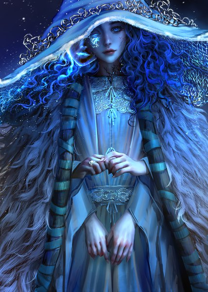Anime picture 4277x6000 with elden ring ranni the witch nixeu single long hair tall image looking at viewer highres blue eyes standing blue hair absurdres long sleeves head tilt one eye closed fingernails lips realistic wide sleeves curly hair