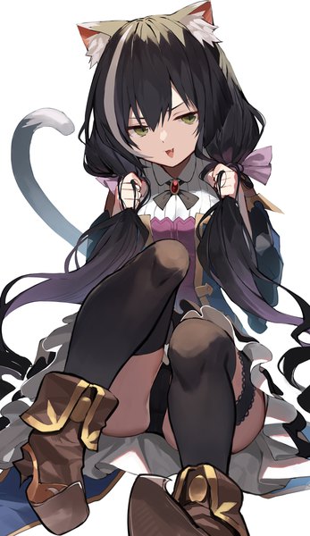 Anime picture 1110x1920 with princess connect! re:dive princess connect! karyl (princess connect!) yuuuuu single long hair tall image open mouth light erotic black hair simple background white background green eyes animal ears tail :d animal tail multicolored hair cat ears cat girl