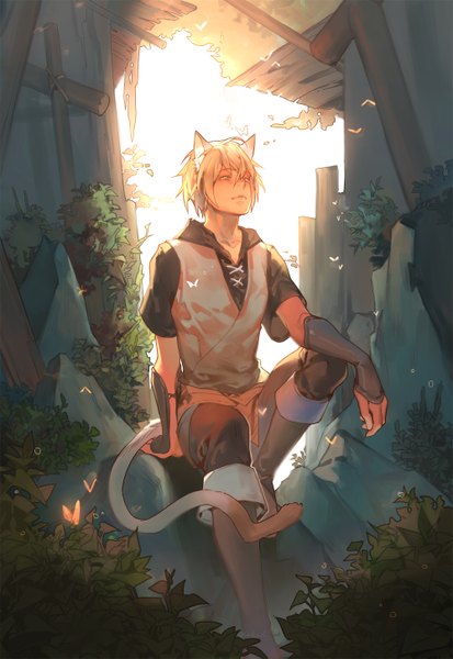 イラスト 1000x1453 と lamento nitro+chiral konoe naked cat ソロ 長身像 短い髪 金髪 座る 獣耳 黄色眼 尻尾 animal tail 猫耳 cat tail looking up rock 男性 植物 虫