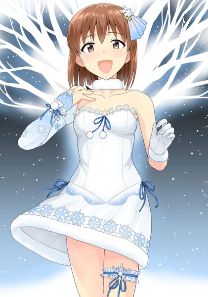 Anime picture 1270x1808 with idolmaster idolmaster (classic) hagiwara yukiho tsurui single tall image looking at viewer short hair open mouth brown hair bare shoulders brown eyes snowing snowflake print snowflake liliput girl dress gloves hair ornament snowflake (snowflakes)