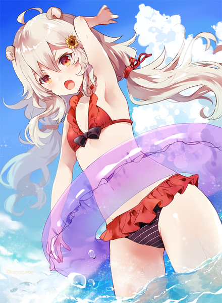 Anime picture 700x954 with show by rock!! studio bones aireen (show by rock!!) kanaiko single long hair tall image fringe open mouth light erotic hair between eyes red eyes twintails animal ears sky cloud (clouds) ahoge white hair arm up hair flower