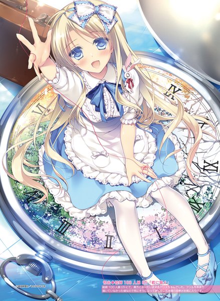 Anime picture 1404x1920 with alice in wonderland alice (wonderland) motomiya mitsuki single tall image looking at viewer blush open mouth blue eyes blonde hair very long hair scan girl dress bow hair bow frills clock