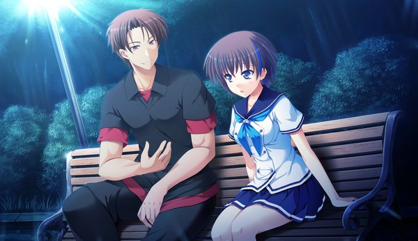 Anime picture 2600x1500 with atled everlasting song highres short hair blue eyes black hair red eyes wide image sitting game cg girl boy serafuku bench