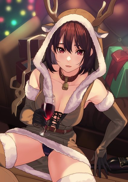 Anime picture 1736x2456 with original kagematsuri single tall image looking at viewer fringe highres short hair breasts light erotic hair between eyes red eyes brown hair large breasts sitting bare shoulders holding parted lips from above pantyshot